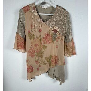 Spencer Alexis Womens Floral Lace Asymmetrical Blouse Size 8 Beige/Green Boho